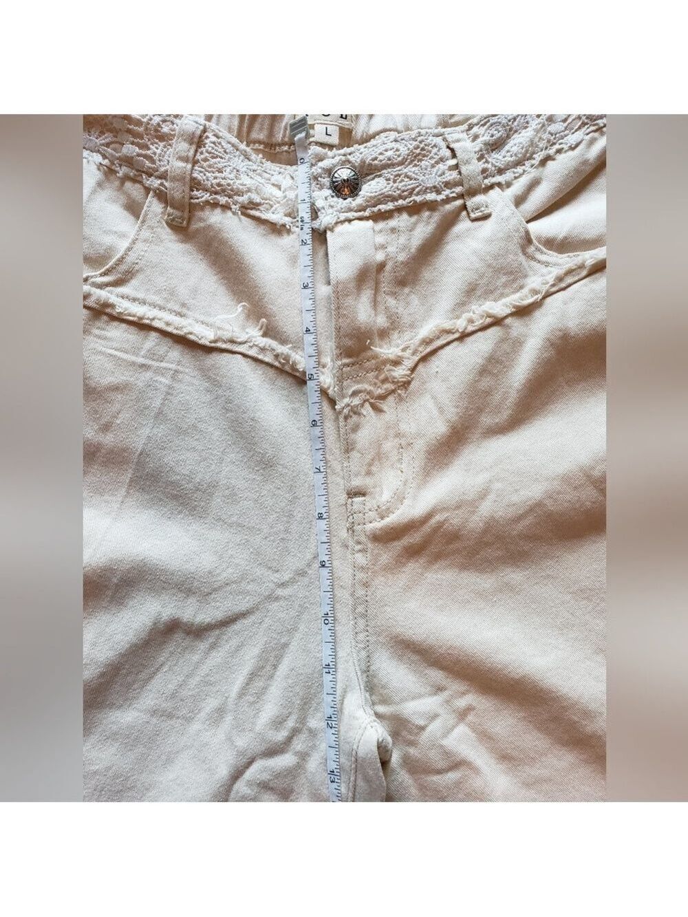 Women's POL Cream Wide-Leg Jeans with Lace/Crochet Accents - Picture 11 of 12